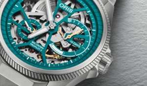 Oris ProPilot X Year of the Snake Limited Edition watch featuring a skeletonized cyan dial, brushed titanium case, and bracelet, inspired by the Chinese zodiac snake and the wood element of 2024.